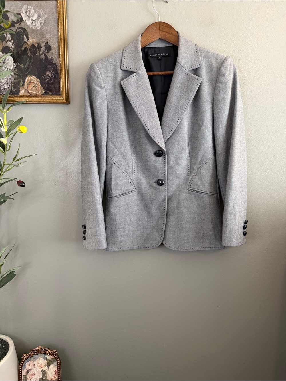 Antonio Melani Blazer Size 4 Gray Tailored Pick Stitch Career Jacket - Picture 2 of 9